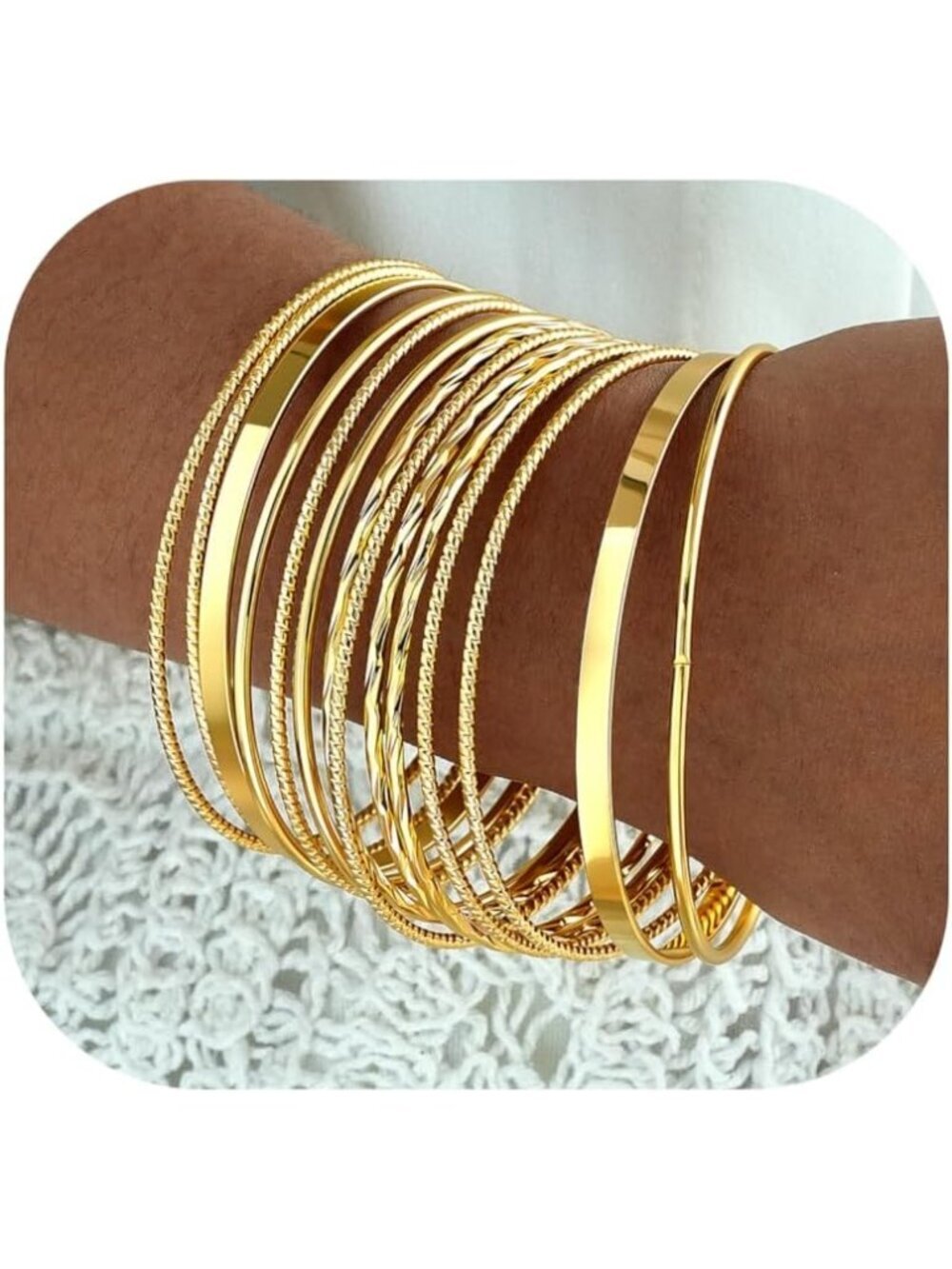 Women's Indian Bangles Set, Multi Layer Textured 14k Gold Plated Chunky Bracelet